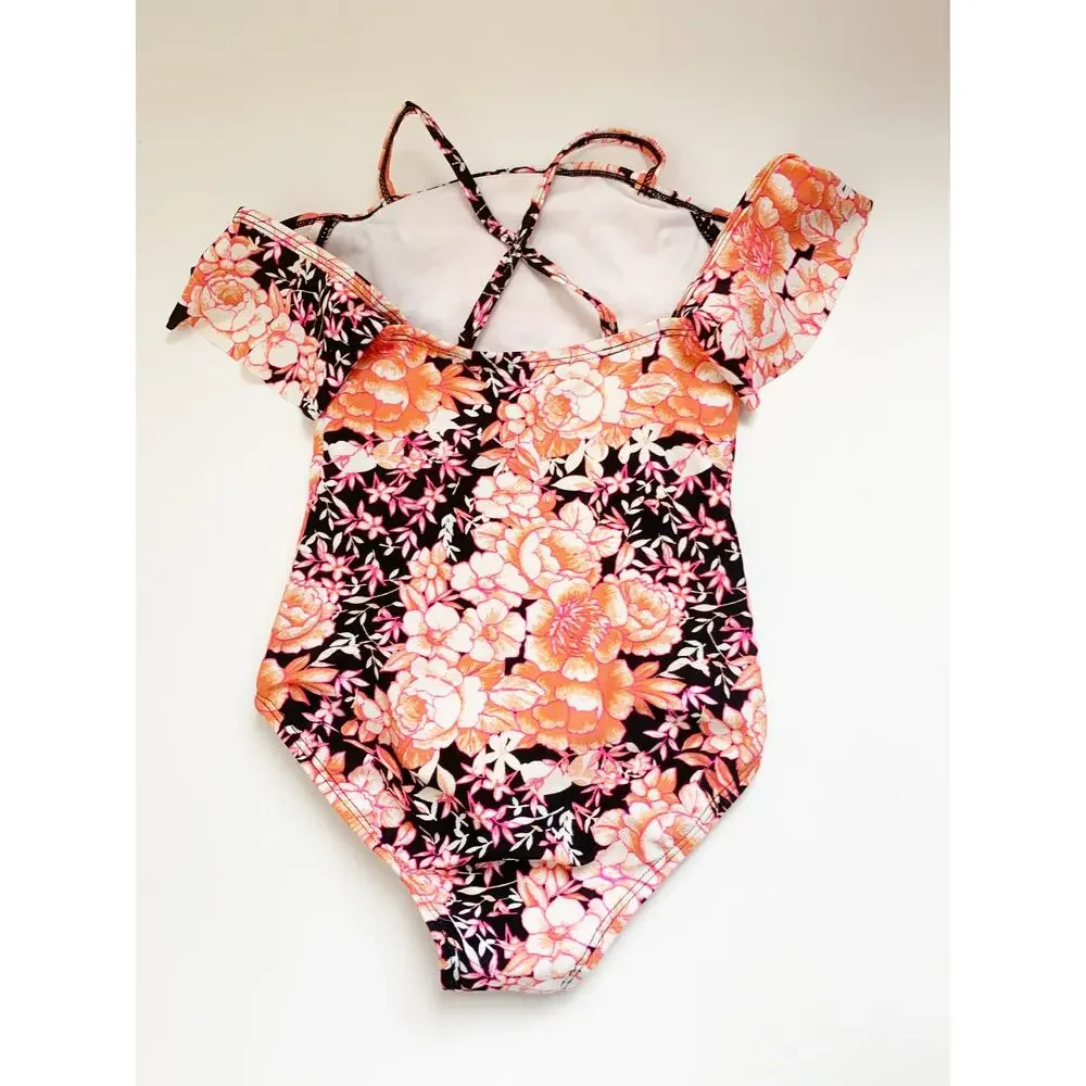 Cleobella off the shoulder girl's swimsuit black white pink orange XS
